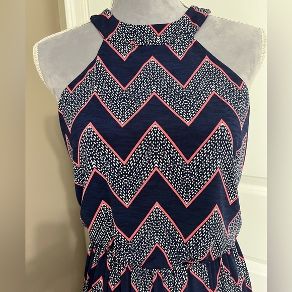 Three pink hearts maxi dress navy blue, pink & white halter neck Sz MED - Picture 4 of 9